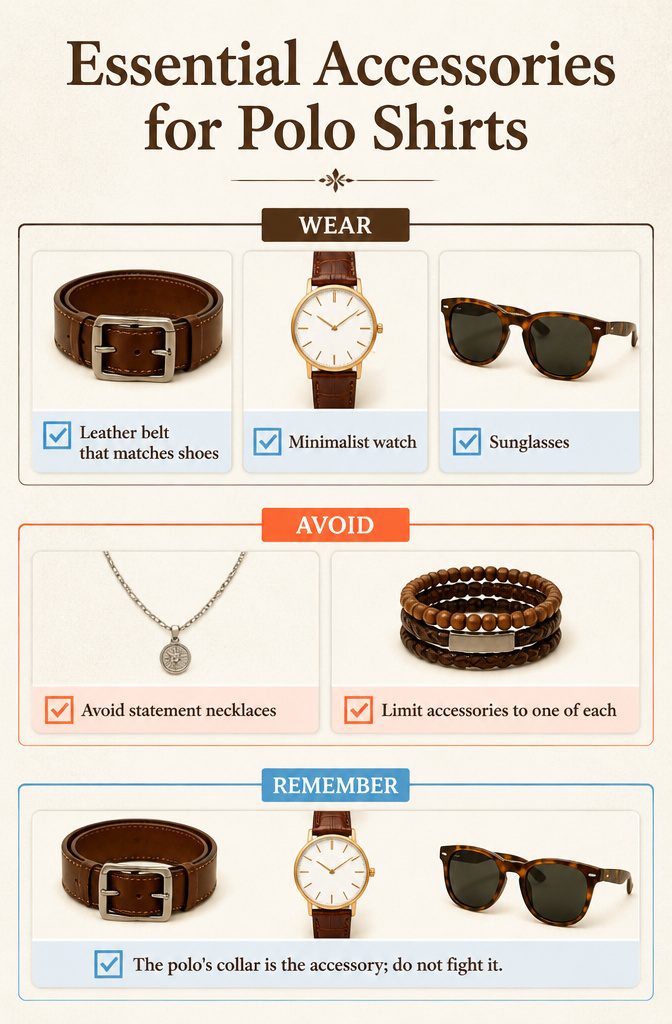 Essential accessories for polo shirts, including a leather belt and watch.
