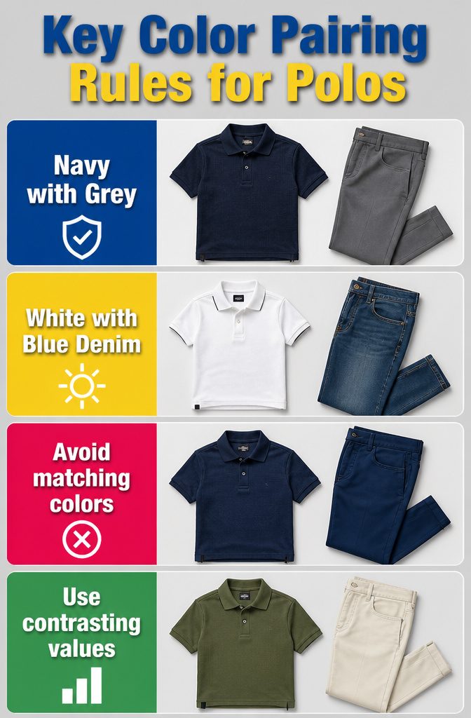 Color pairing rules for polo shirts focusing on neutral tones.