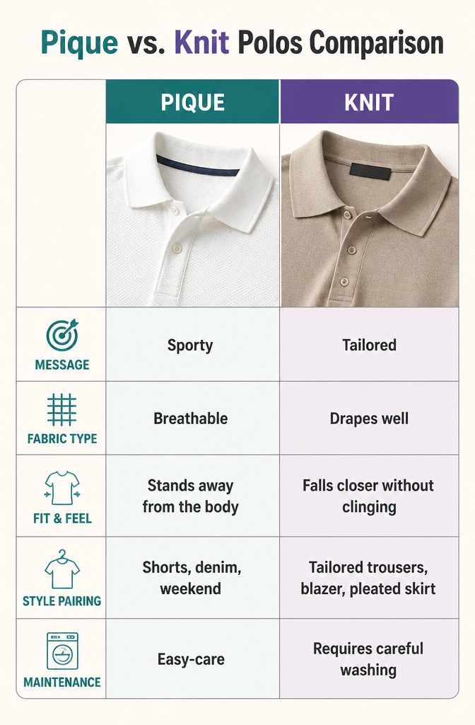 Pique and knit polo shirts displayed to highlight their fabric differences.