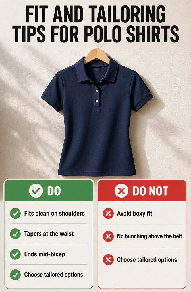 Fit and tailoring tips for polo shirts, focusing on shoulder and waist.