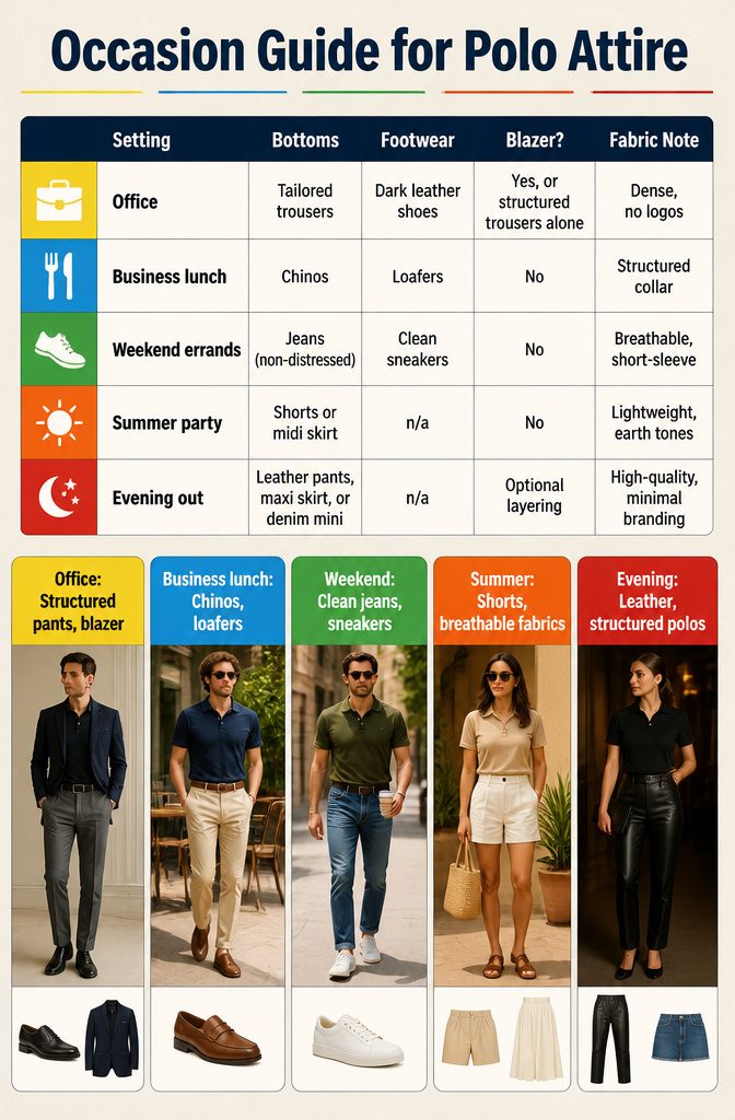 Occasion guide for polo attire, showcasing different outfit pairings.