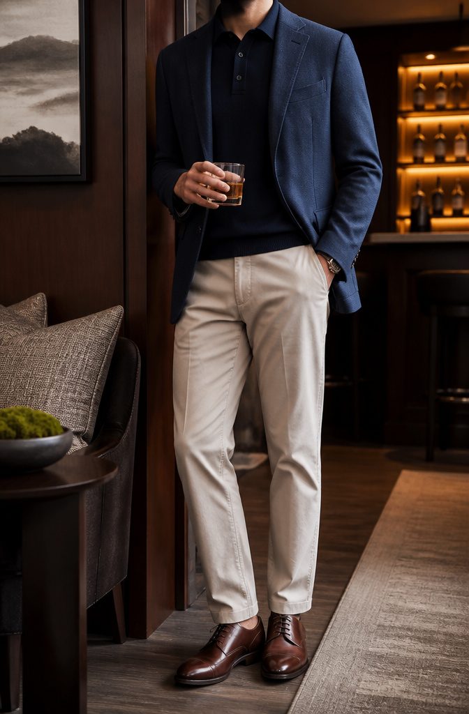 Navy knit polo shirt with a blazer and chinos in a lounge area.