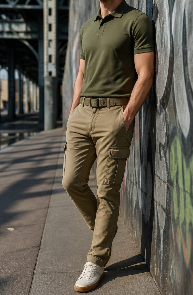 Fitted olive polo shirt with cargo pants in an urban environment.