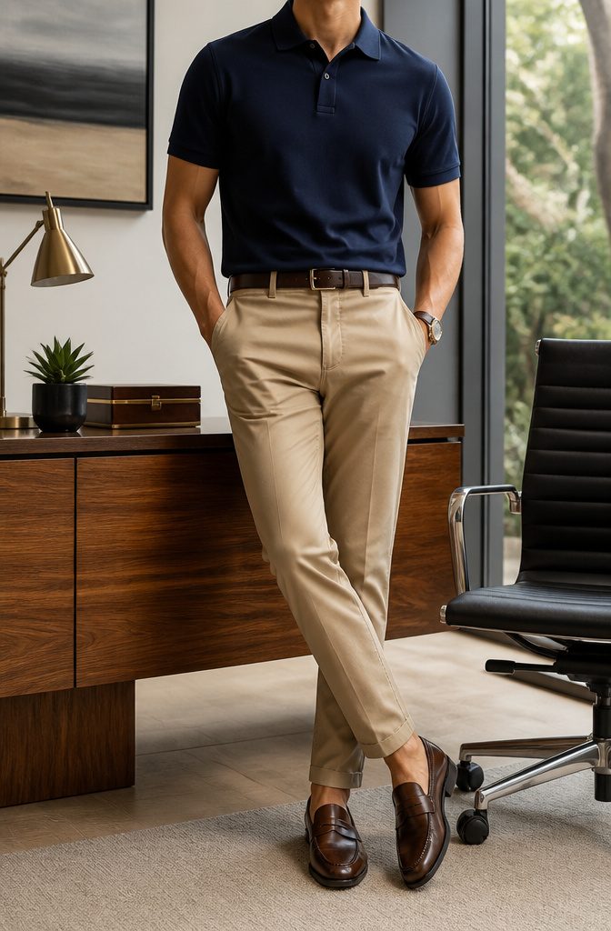 Navy polo shirt with tan chinos and leather loafers in a work setting.