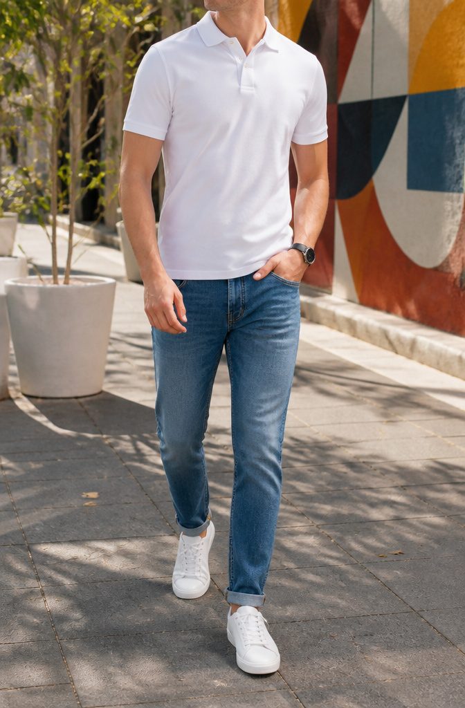 White polo shirt with mid-wash jeans and white sneakers in an urban setting.