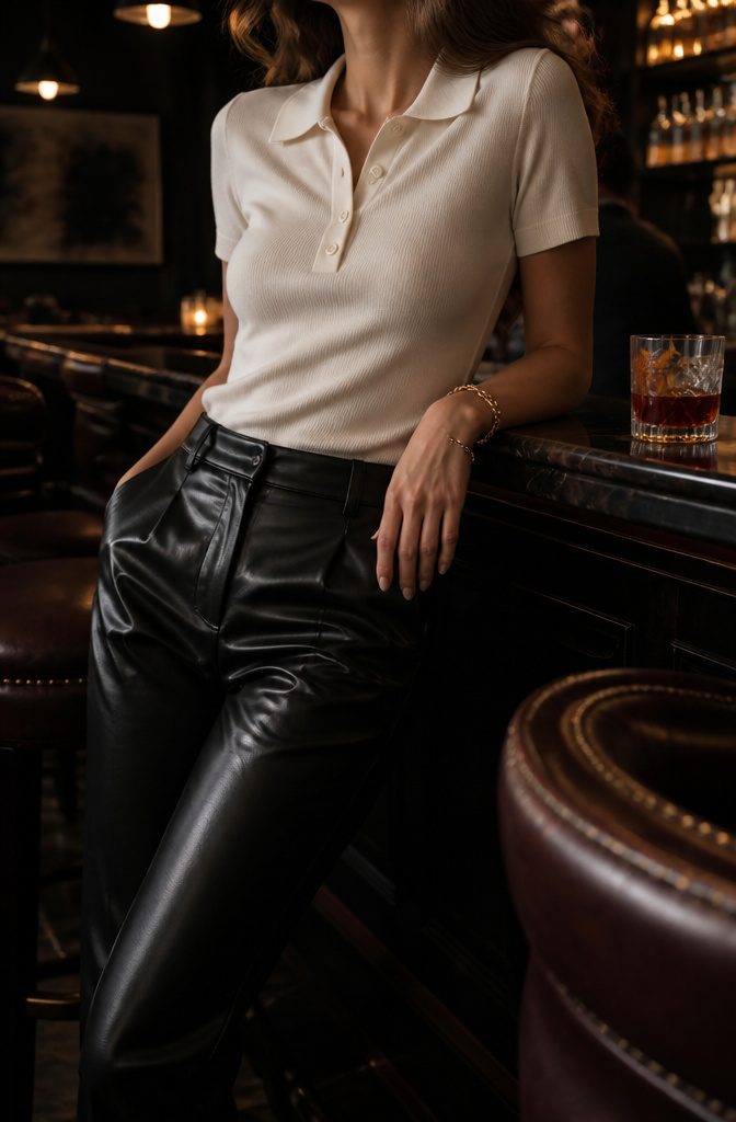 Chic cream polo shirt with black leather pants in a dimly-lit bar.
