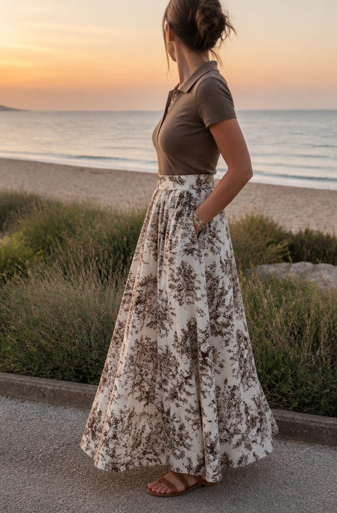Solid color polo shirt with a patterned maxi skirt by a coastal backdrop.