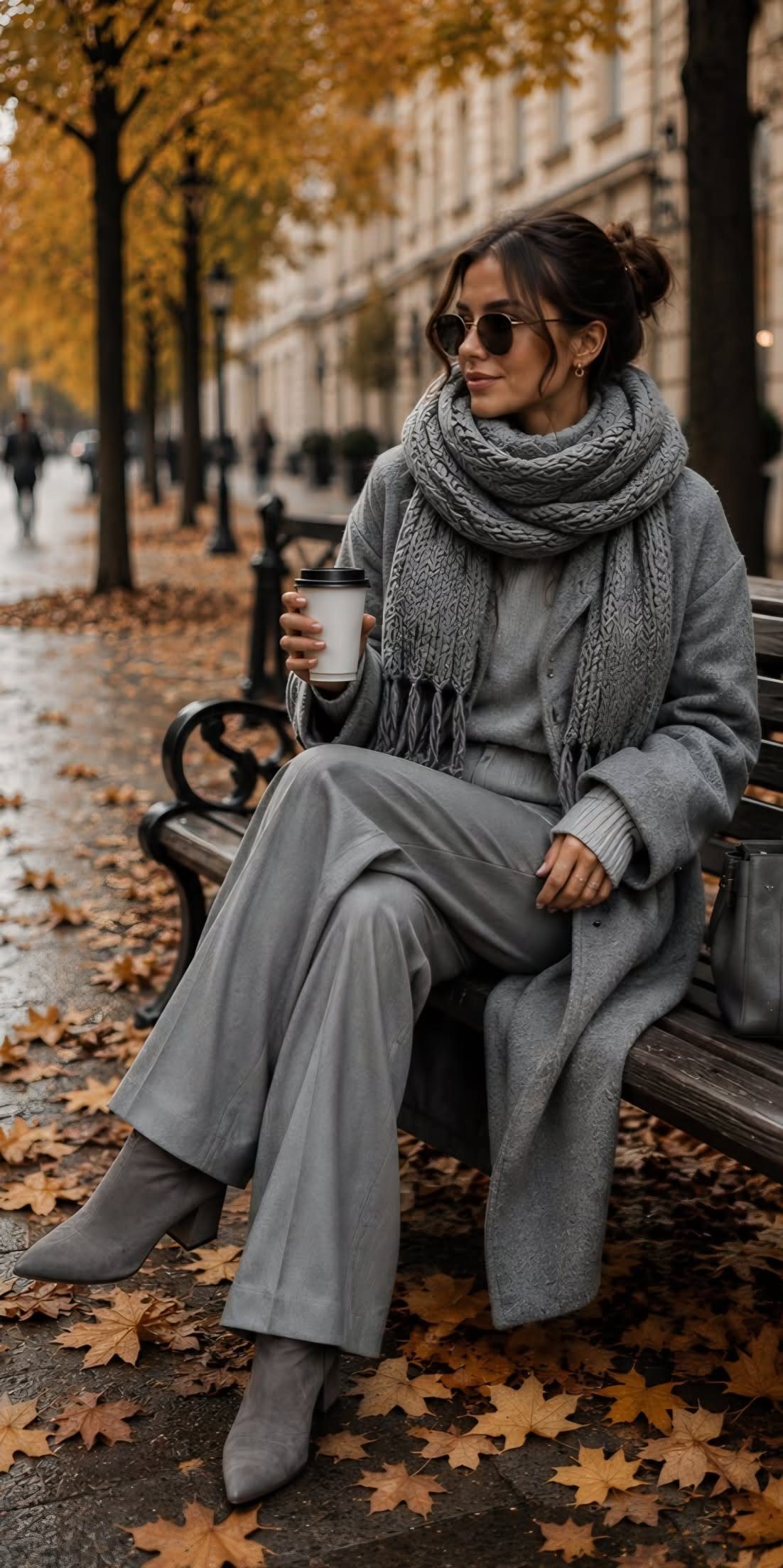 Woman in a monochromatic gray outfit sitting on a bench surrounded by autumn leaves.