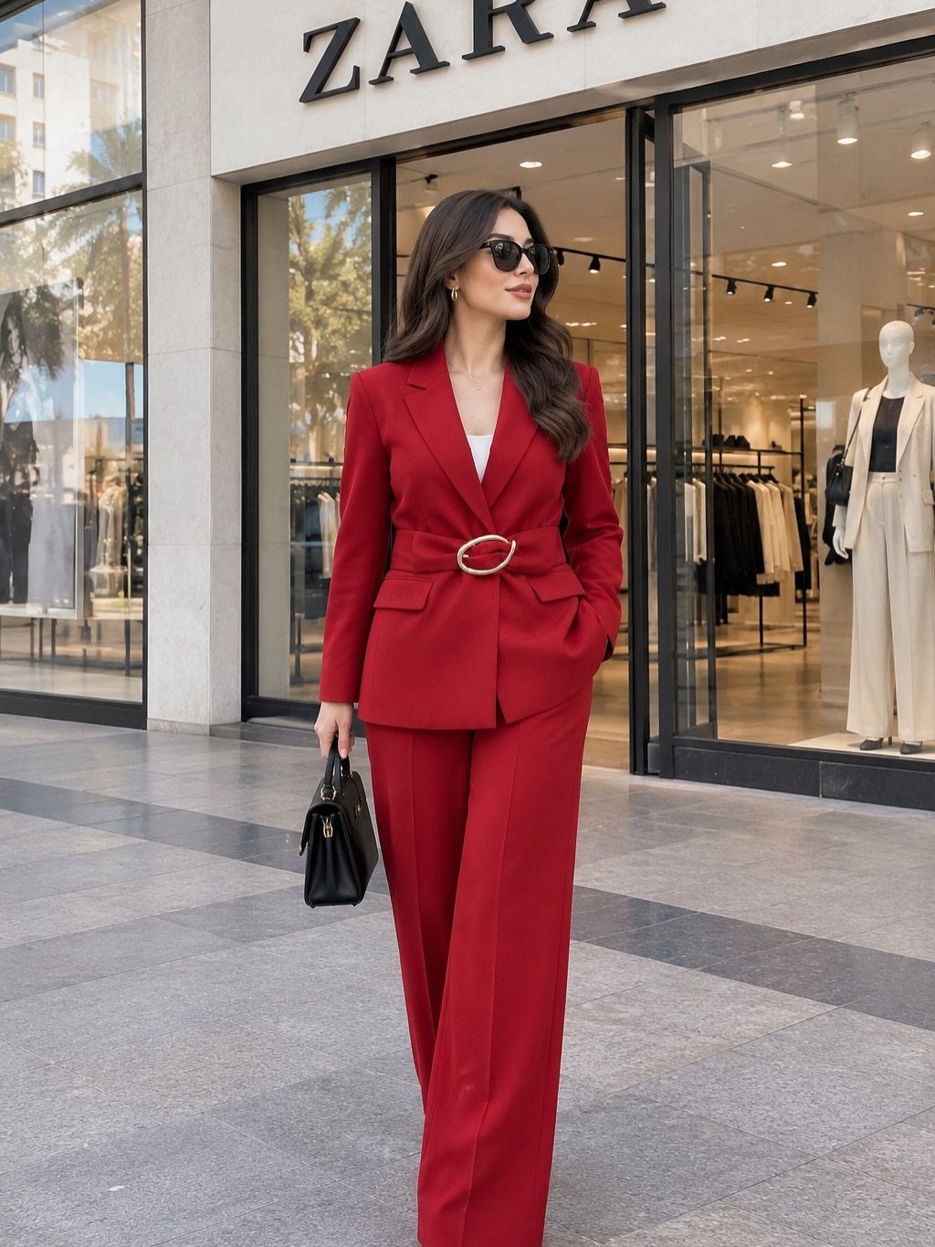 Woman in a red blazer and matching red trousers standing outside a Zara store.