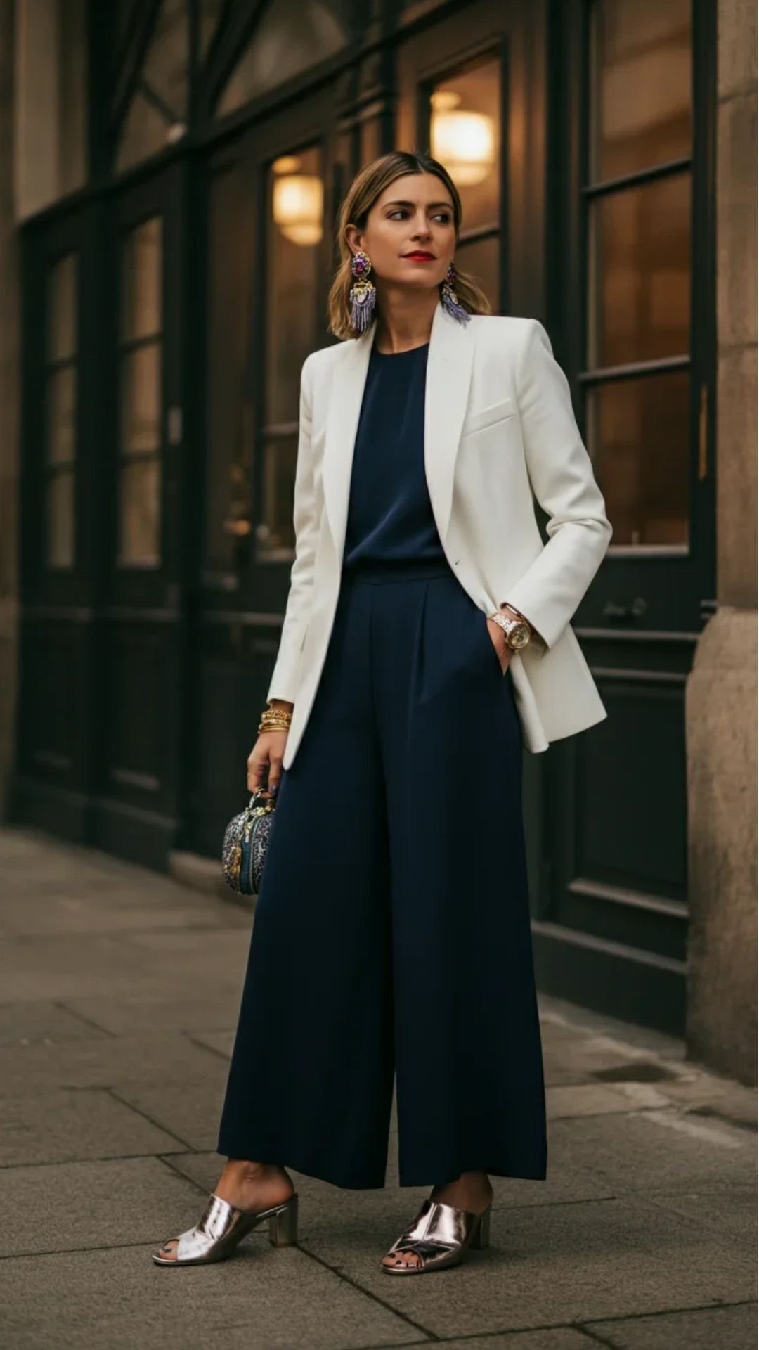 Woman in a navy jumpsuit and white blazer standing on a city sidewalk.