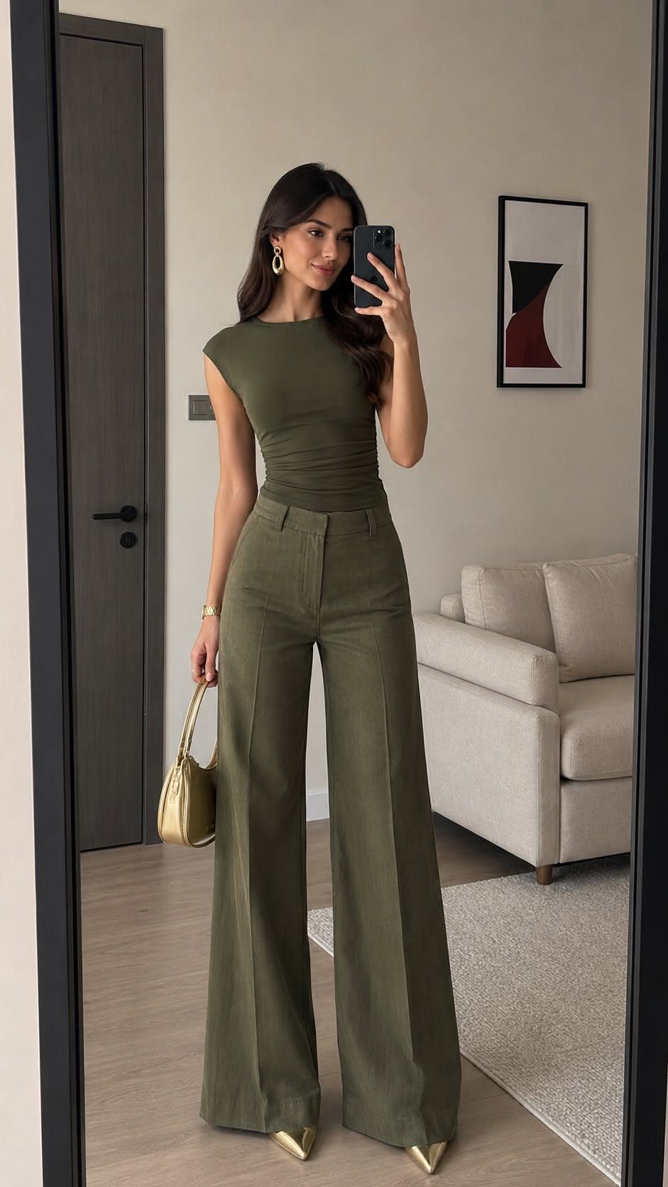 Woman in an olive green sleeveless top and wide-leg trousers posing for a mirror selfie.