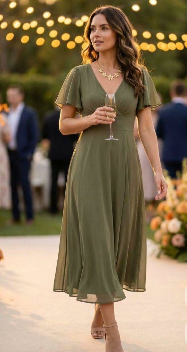 Woman in an olive green midi dress walking through an outdoor evening garden party.