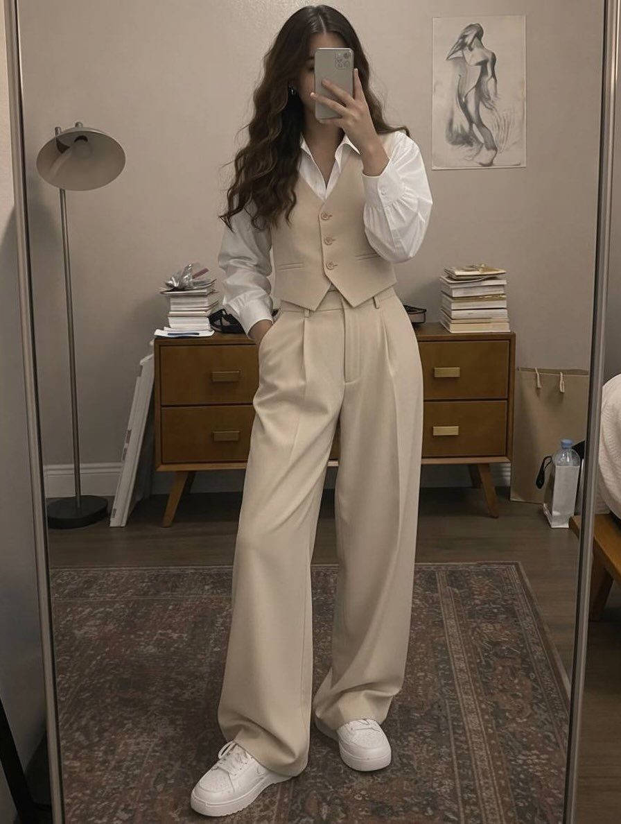 Woman in cream waistcoat and wide-leg trousers posing for a mirror selfie.