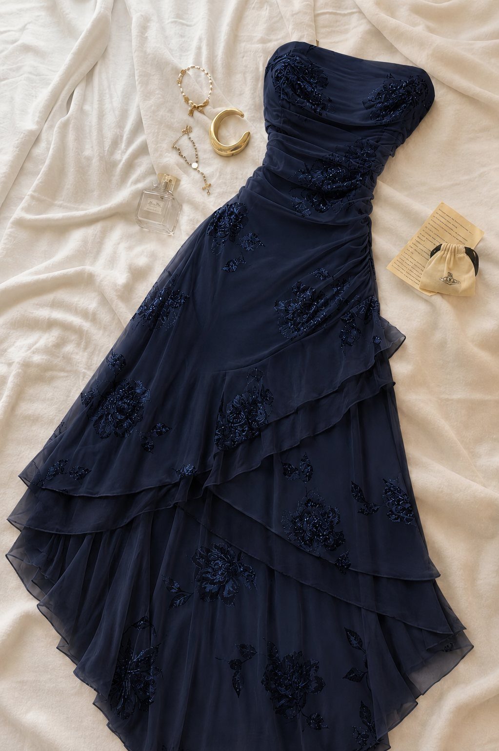 Navy blue strapless tiered cocktail dress with floral embroidery laid on white fabric.