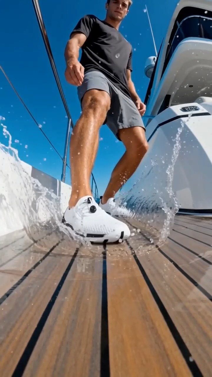 Man walking on a wooden boat deck with water splashing around his white athletic shoes.
