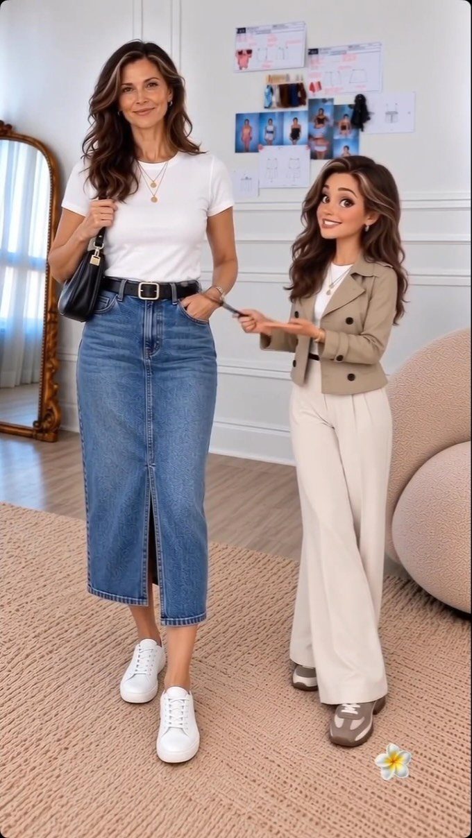 Woman in a white t-shirt, long denim skirt, and white sneakers standing indoors.