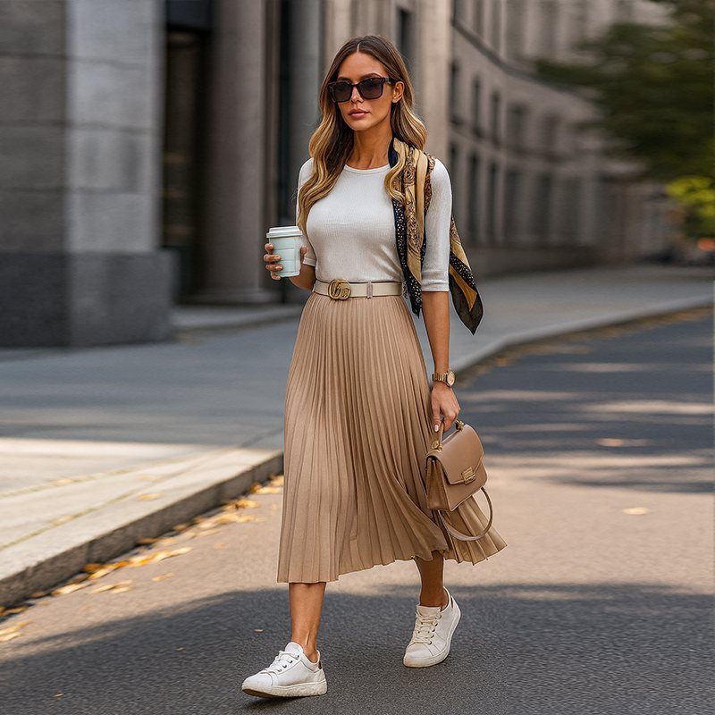 Woman walking on a city street wearing a beige pleated skirt and white sneakers.