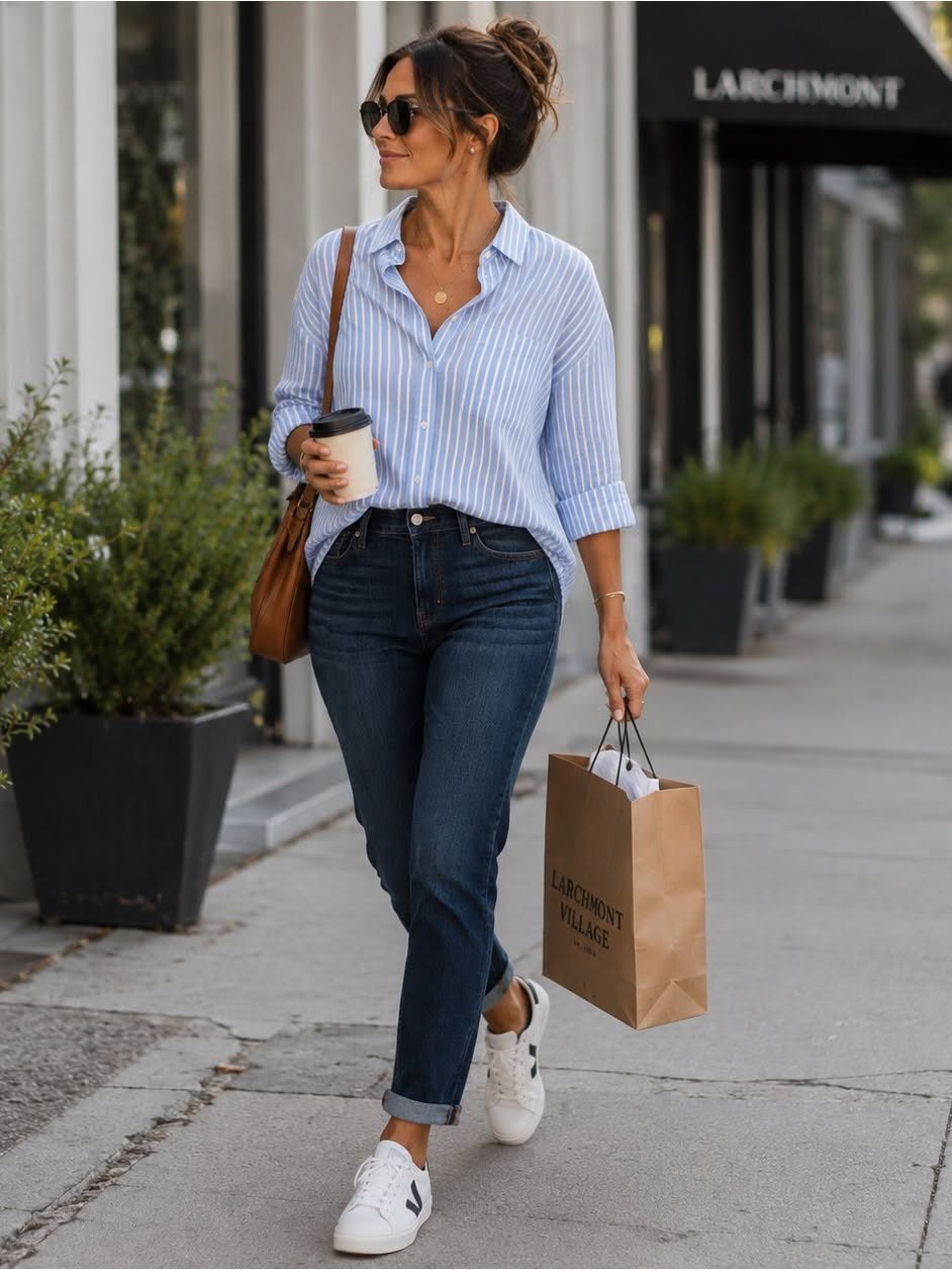 Woman walking on a sidewalk wearing a striped shirt, slim dark jeans, and white sneakers.