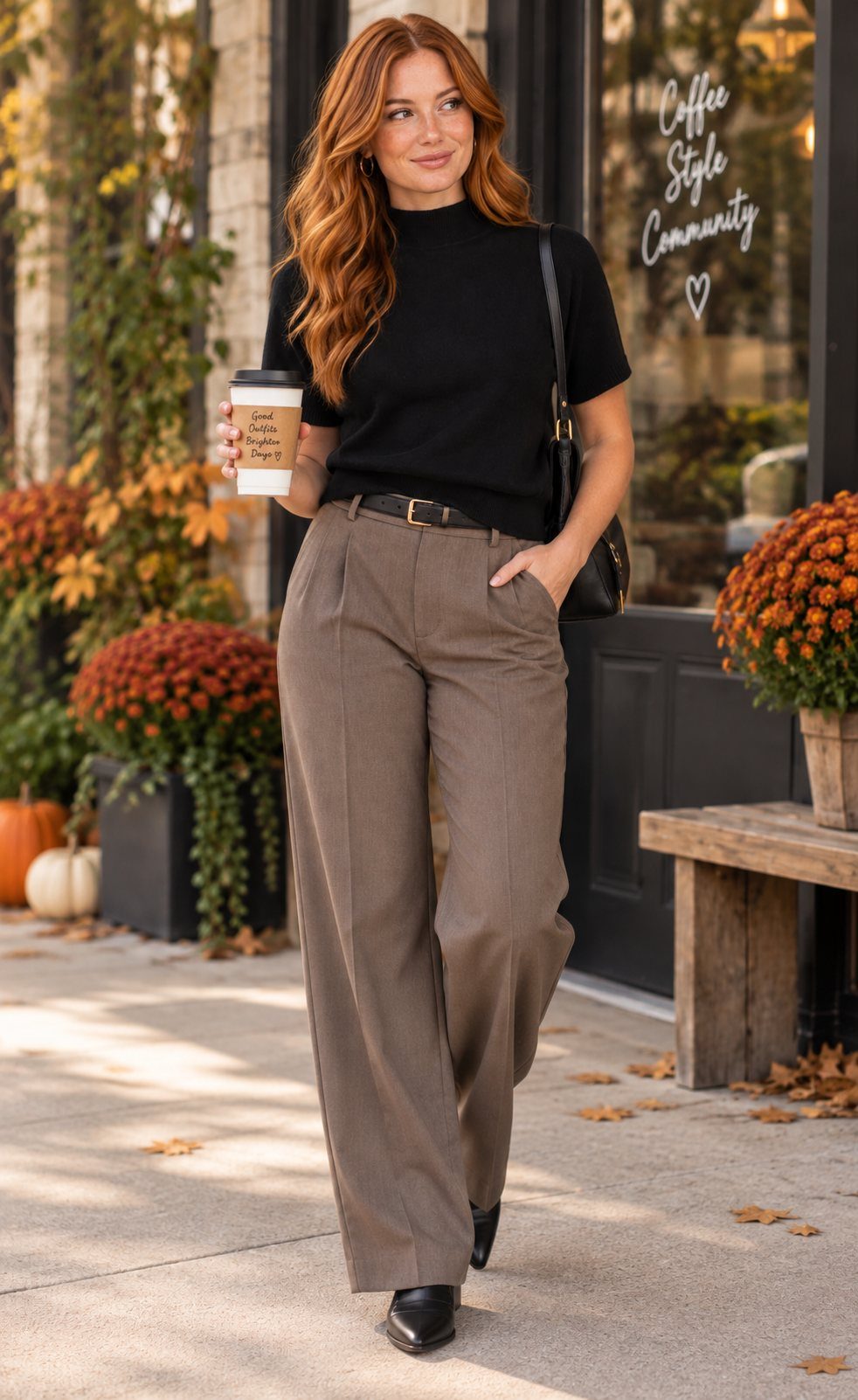 Red-haired woman walking in a black top and wide-leg brown trousers while holding coffee.
