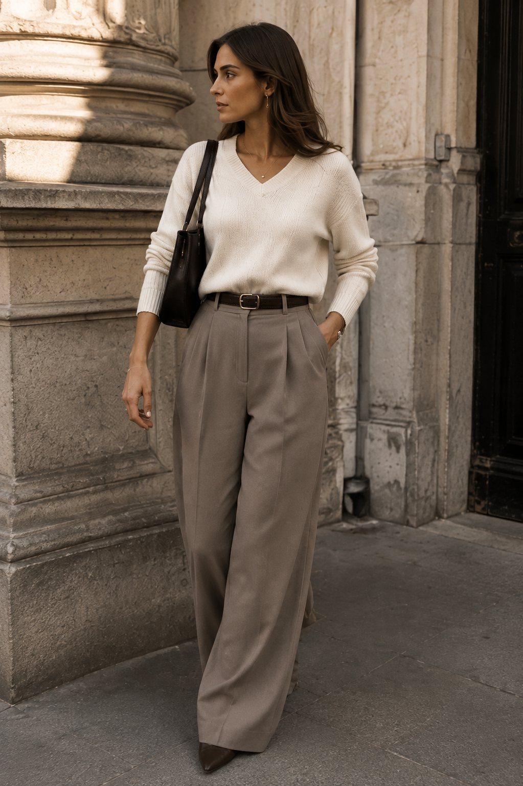 Woman in cream sweater and taupe wide-leg trousers walking past a stone pillar.