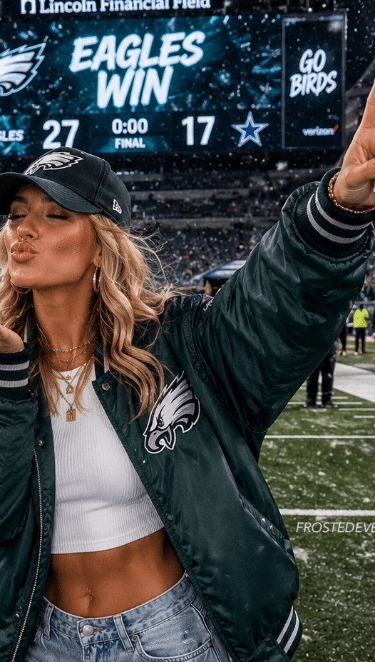 Woman in Eagles bomber jacket and ripped jeans posing on a football field at night.