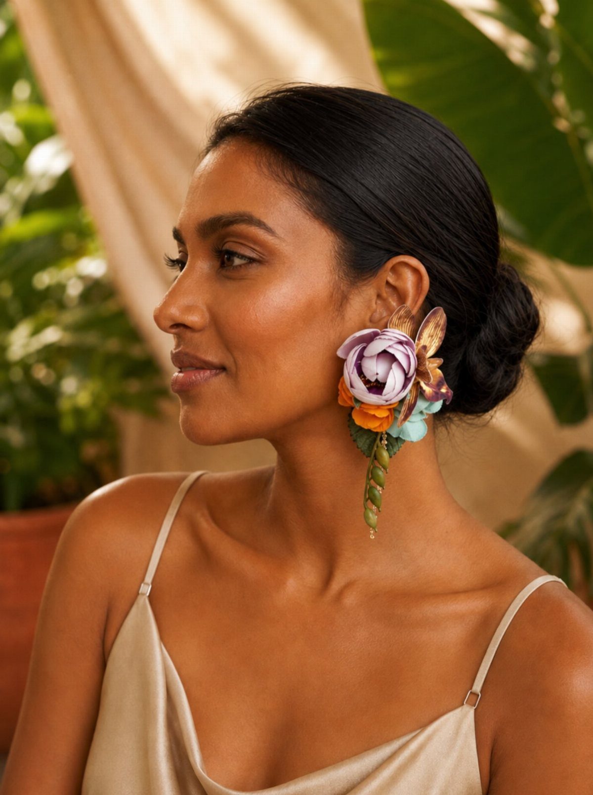 A woman wearing a large, vibrant floral earring with purple and orange petals and green accents.