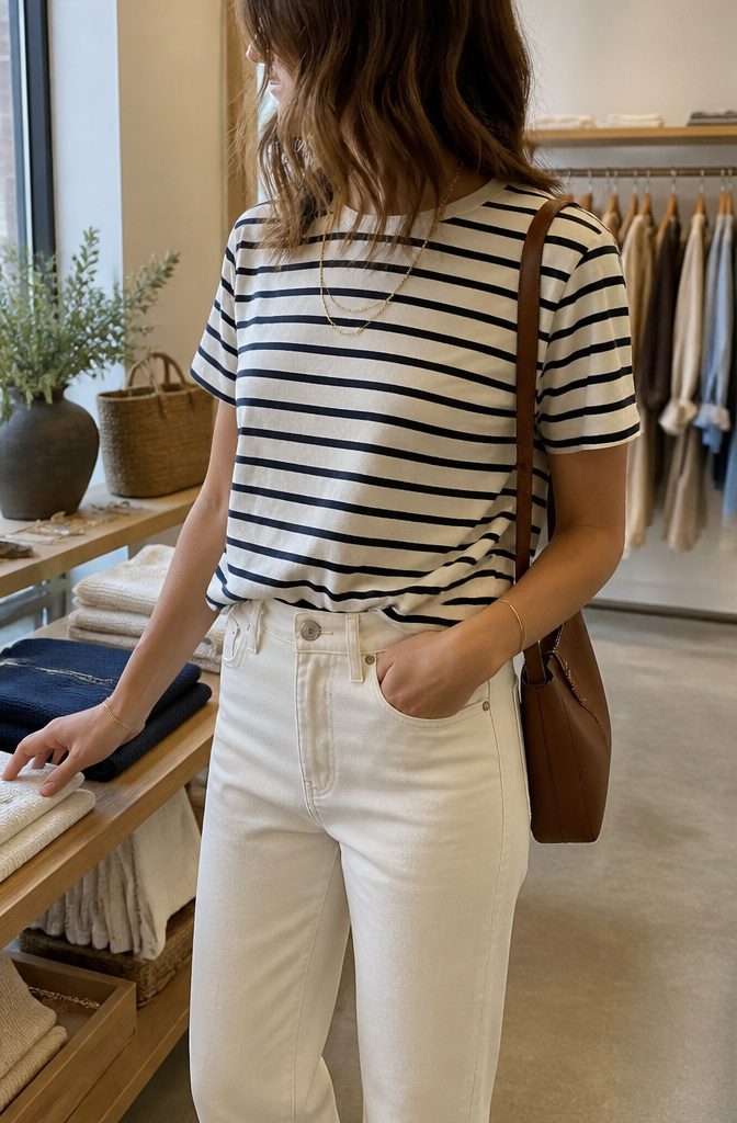 A striped tee with a necklace in a stylish boutique.