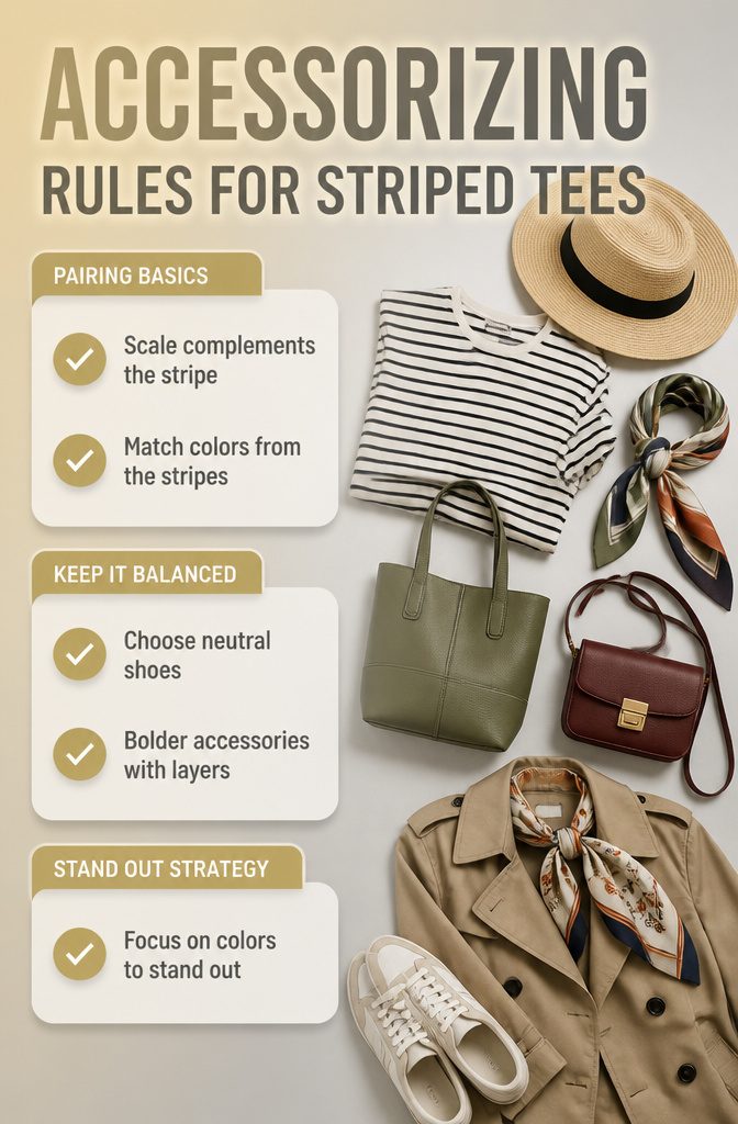 A striped tee with accessories that echo its colors.