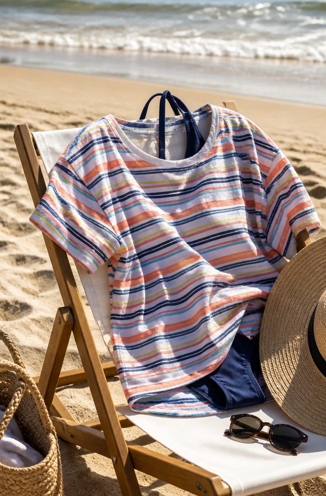 A striped tee on a beach chair with sun accessories nearby.