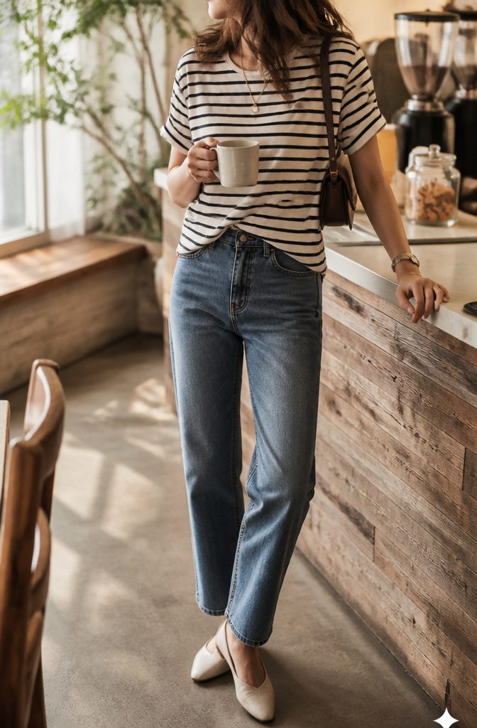 A half-tucked striped tee with high-waisted jeans in a café.