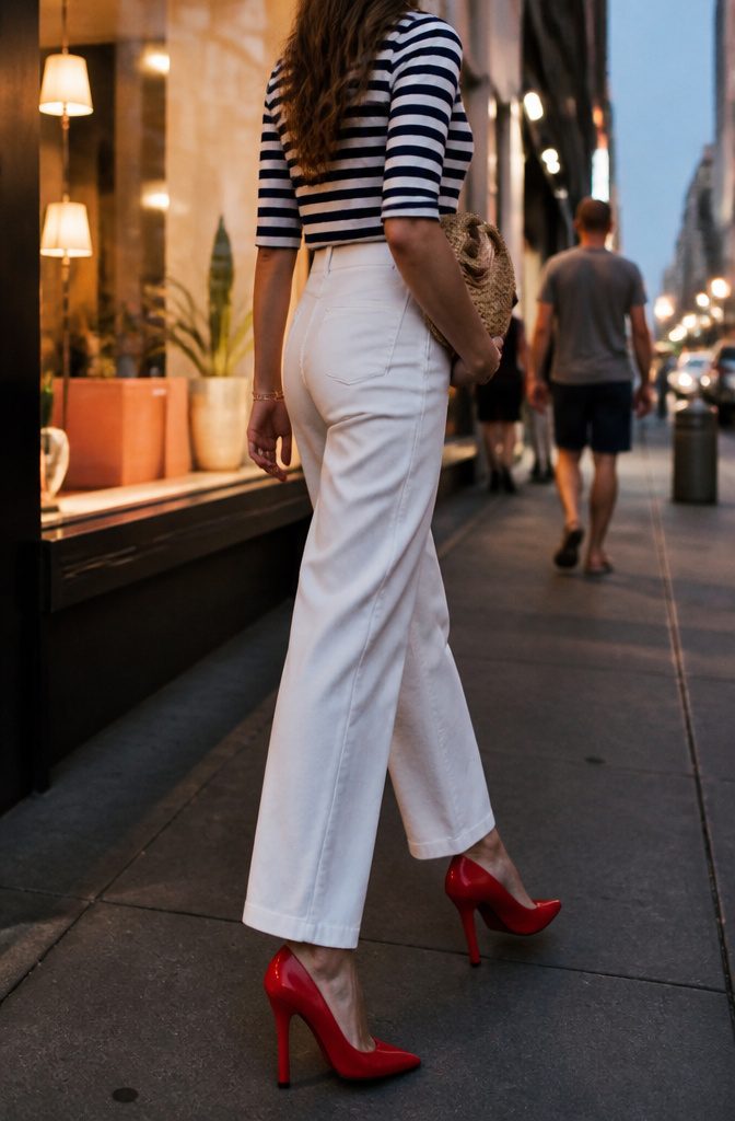 A striped tee with white bottoms and red pumps in an urban setting.
