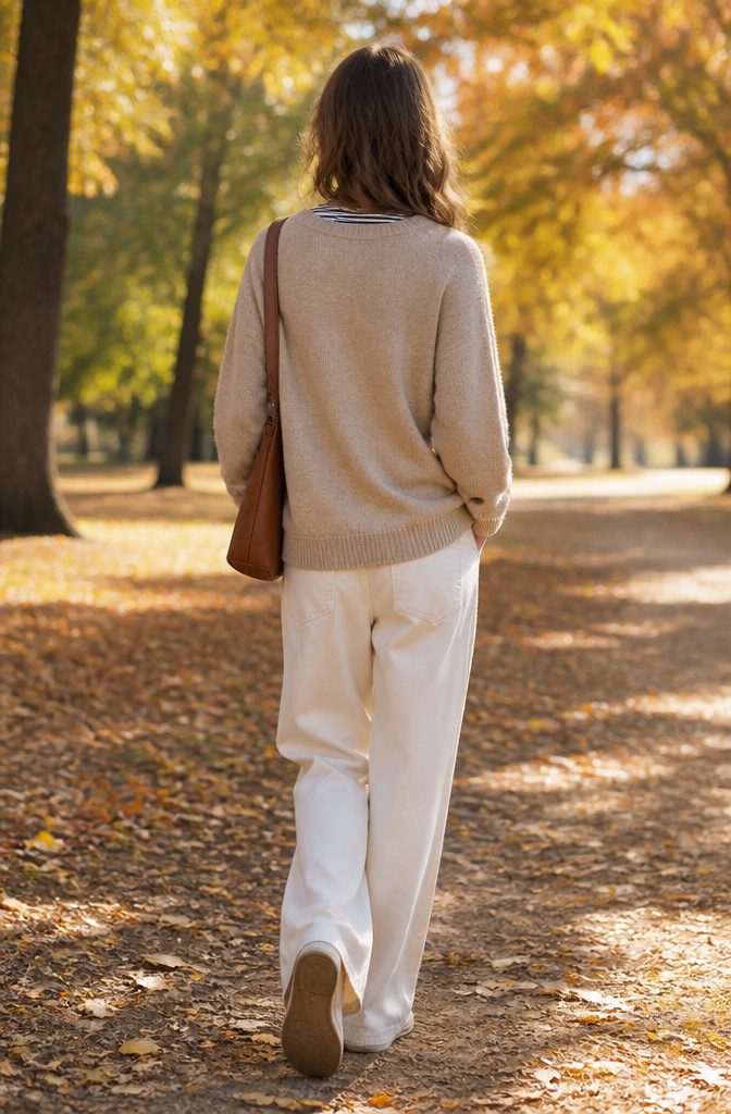 A striped tee with an oatmeal crewneck sweater in an autumn park.