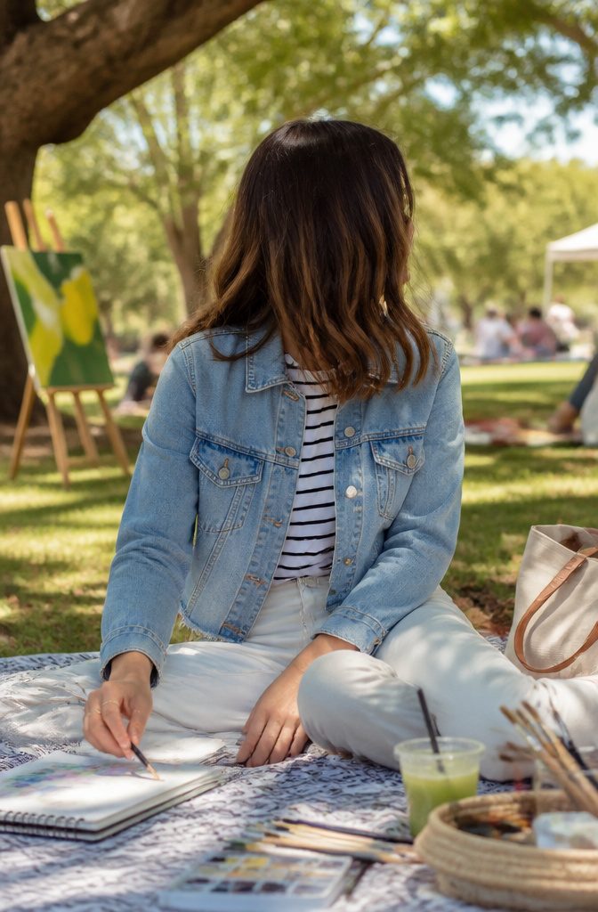 A denim jacket layered over a striped tee in an urban park.