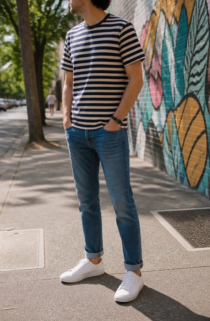 A striped t-shirt with well-fitted jeans and white sneakers.