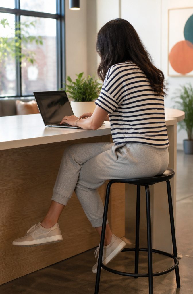 Joggers and a striped tee in a modern co-working space.