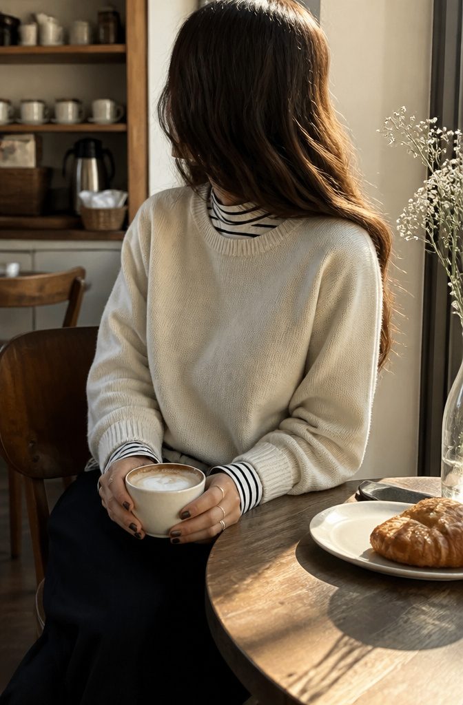 A striped tee beneath a crewneck sweater in a cozy café.