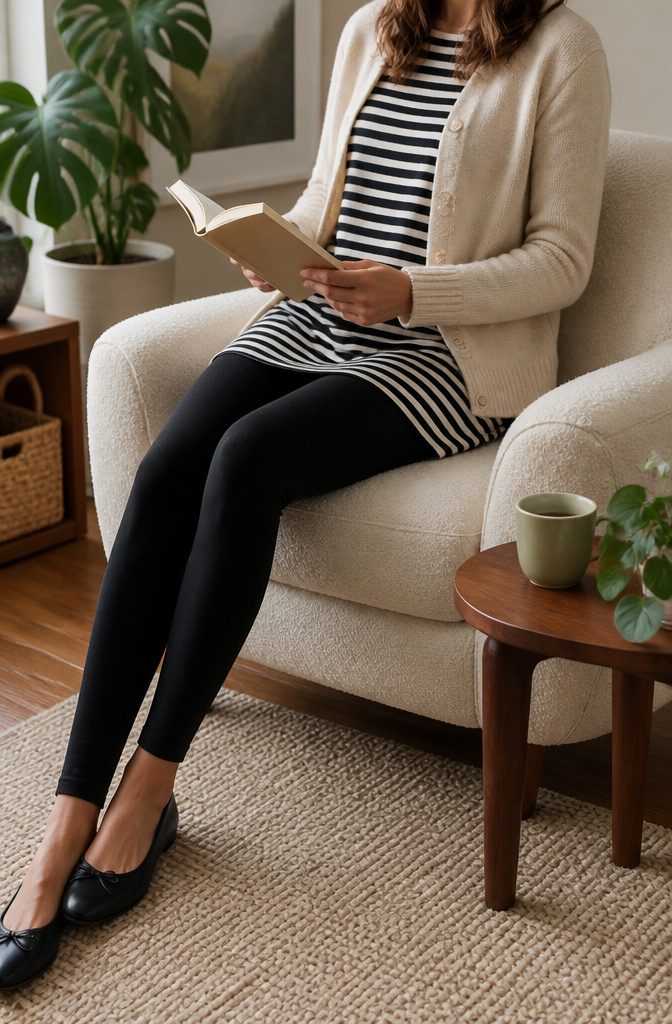 A striped tunic tee with black leggings and a cropped cardigan.