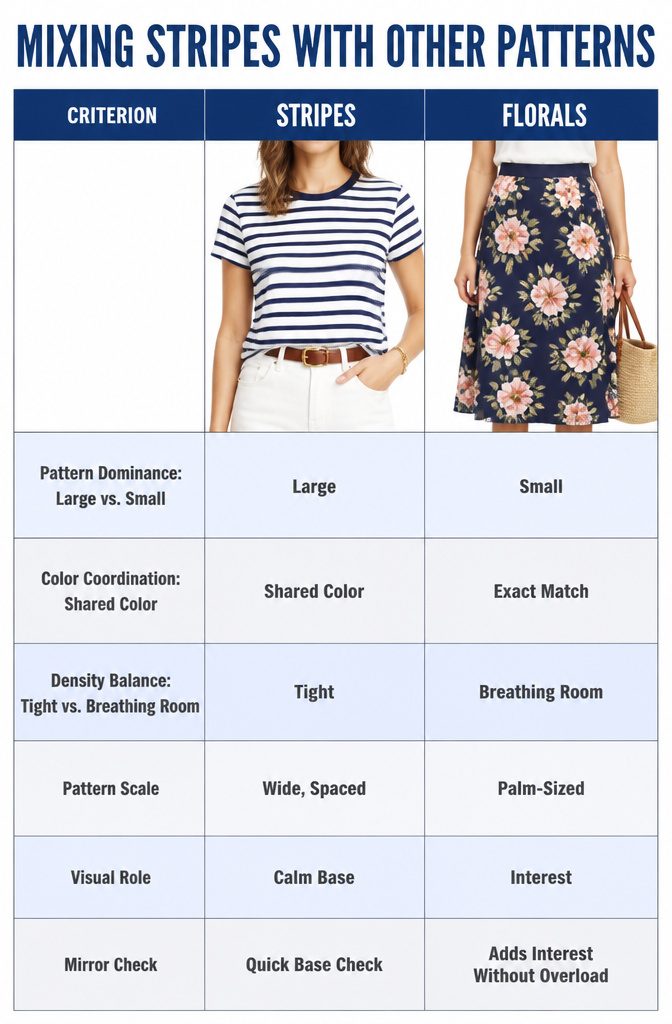 A striped tee mixed with floral patterns in a stylish outfit.