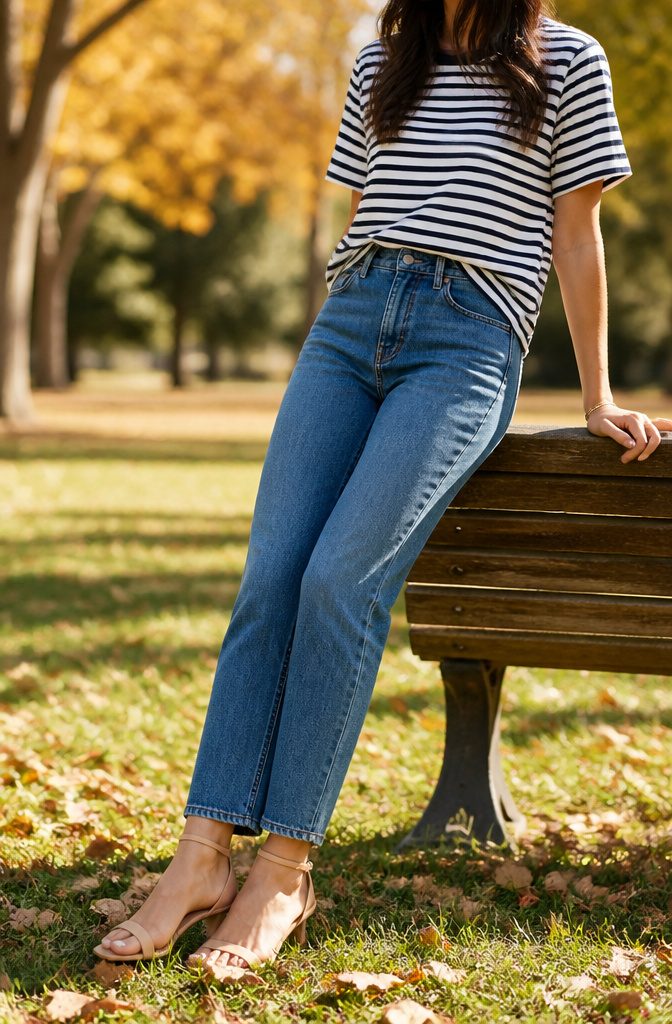 Medium wash straight-leg jeans with a navy-and-white striped t-shirt.