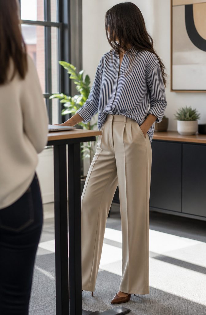 A striped button-down shirt and tailored trousers in a modern office.