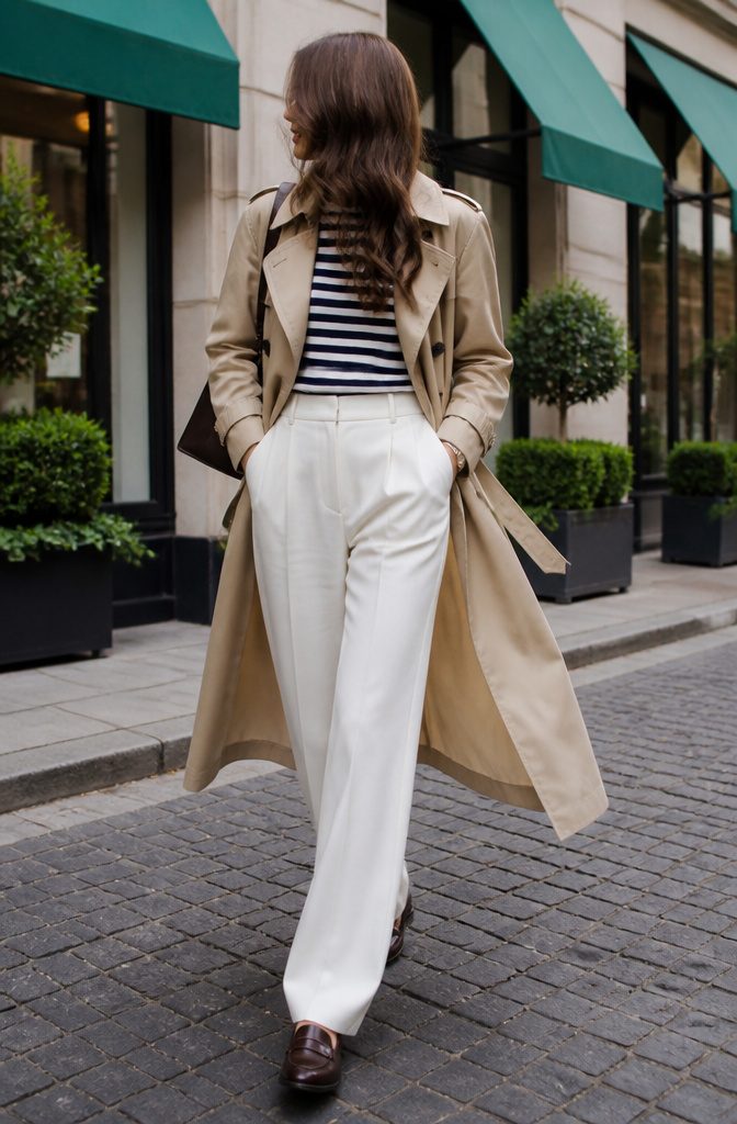 A striped tee, trench coat, and white trousers on a chic city street.