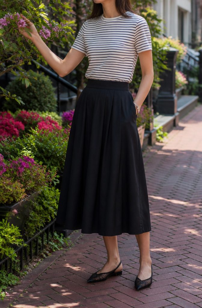 A striped tee tucked into a black midi skirt in an urban garden.