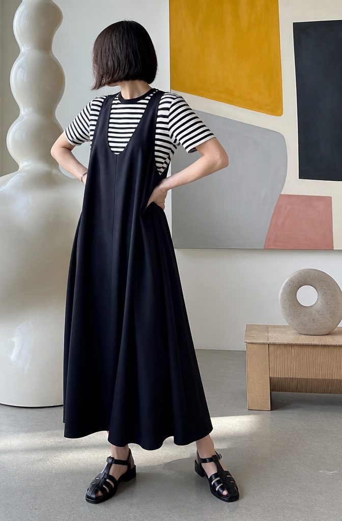 A striped tee under a sleeveless dress in an artful setting.