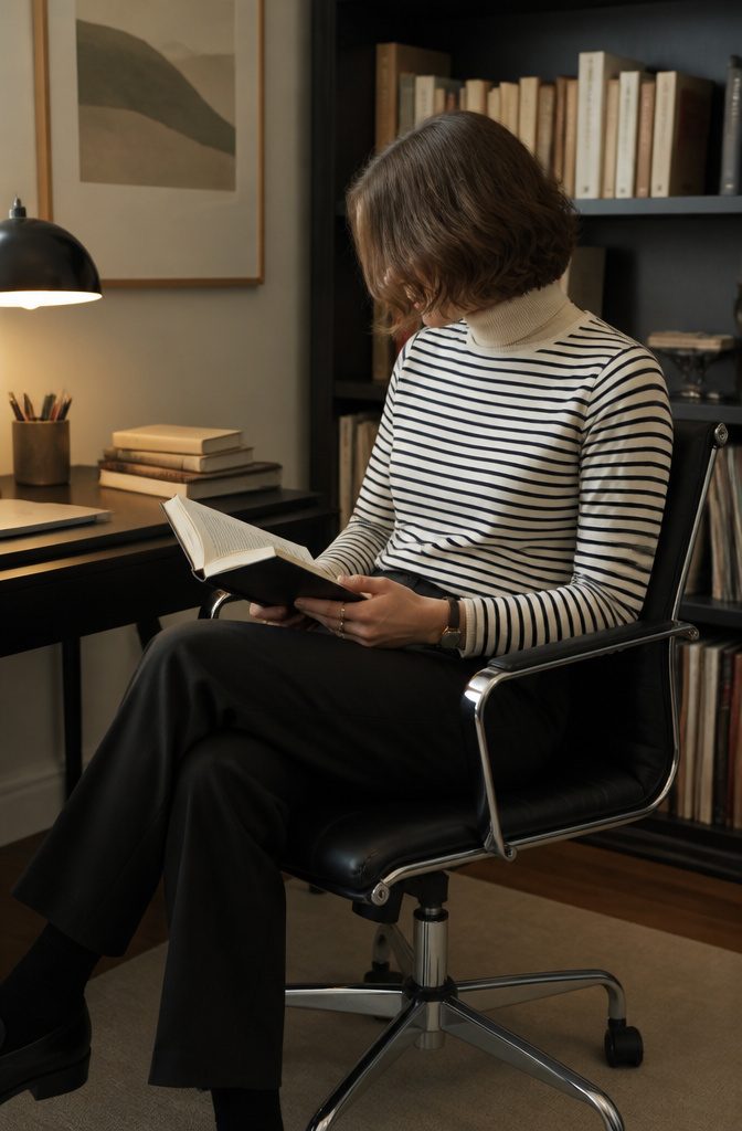 A striped tee beneath a turtleneck in a minimalistic study.