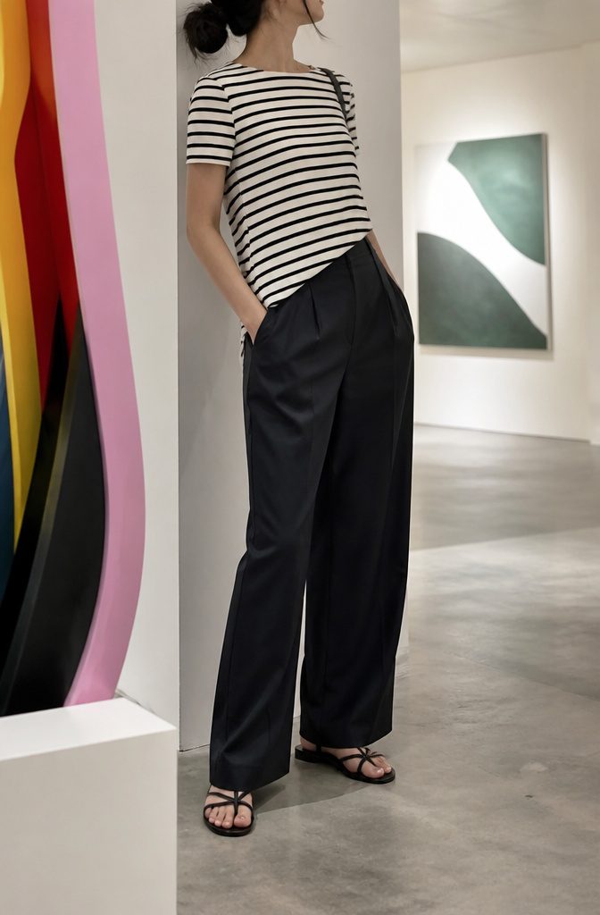 A stylish outfit with a striped tee and tailored trousers in an art gallery.