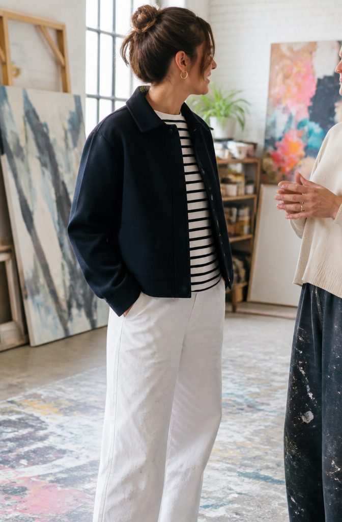 A cocoon jacket over a striped tee in an art studio.
