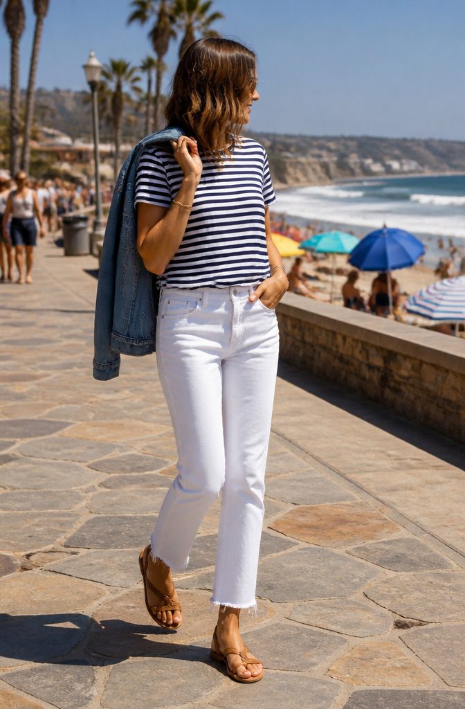 A navy striped t-shirt with white jeans on a seaside boardwalk.
