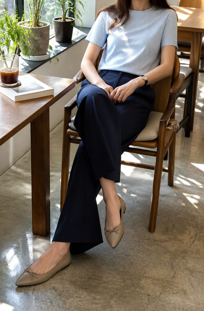 A narrow-striped top tucked into navy wide-leg trousers.
