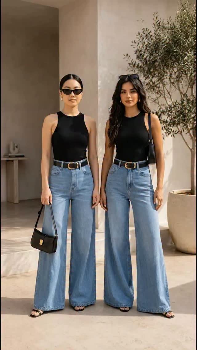 Two women posing in black tank tops and wide-leg light blue denim jeans outdoors.
