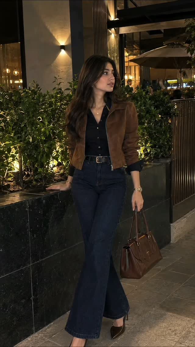 Woman wearing a brown suede jacket and dark blue flared denim jeans.